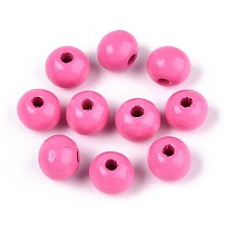 Ярко-Розовый Круглые бусины из натурального дерева схима, окрашенные распылением, ярко-розовый, 8~8.5x6.8 мм, отверстие : 1.8~2 мм