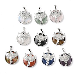 Смешанные камни Плоские круглые подвески из смешанных драгоценных камней из натуральных и синтетических камней, латунные драконьи драгоценные камни амулеты, платина, стойки покрытие, без кадмия и без свинца, 31.5x27x7.5~8.5 мм, отверстие : 8x5 мм