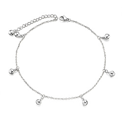 Platinum SHEGRACE Brass Charm Anklets, with Cable Chains, Small Bell, Platinum, 9-1/2 inch(24cm)