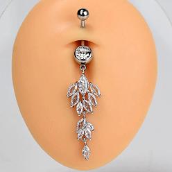 Лист 304 Кольца для живота в форме изогнутой штанги из нержавеющей стали с прозрачным кубическим цирконием, серебряный цвет гальваническим, лист, 60 мм