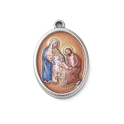 Нержавеющая Сталь Цвет 304 Подвески из нержавеющей стали с религиозным принтом, овальные подвески с узором «Святое семейство», цвет нержавеющей стали, 23.5x16x3 мм, отверстие : 1.8 мм