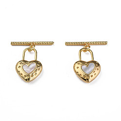 Real 18K Gold Plated Brass Toggle Clasps, with Natural Shell, Nickel Free, Heart, Real 18K Gold Plated, 27mm, Hole: 1.2mm