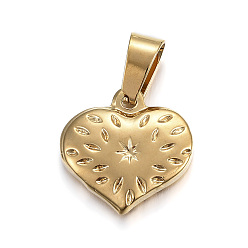 Golden 304 Stainless Steel Textured Pendants, Heart with Oval & Star Pattern, Golden, 15x15x3.5mm, Hole: 5x7mm