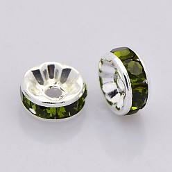 Olivine Brass Rhinestone Spacer Beads, Grade AAA, Straight Flange, Nickel Free, Silver Color Plated, Rondelle, Olivine, 4x2mm, Hole: 0.8mm