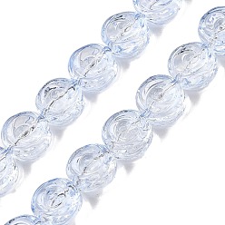 Himmelblau Backfarbe transparente Glasperlenstränge, flach rund mit rosafarbener Blume, Himmelblau, 10x5.3 mm, Bohrung: 1 mm, ca. 65 Stk. / Strang, 25.20'' (64 cm)