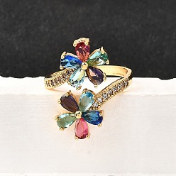 Цветок Латунные микро проложить манжеты кольца кубического циркония, золотые, цветок, 22 мм, внутренний диаметр: 17 мм