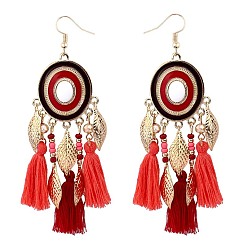 Красный Серьги-люстры из сплава овальной формы, со стеклянными бусинами и кисточкой, золотые, красные, 102x32 мм