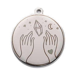 Stainless Steel Color Non-Tarnish 304 Stainless Steel Pendants, Flat Round with Hand & Diamond, Stainless Steel Color, 28x25x1.4mm, Hole: 2mm