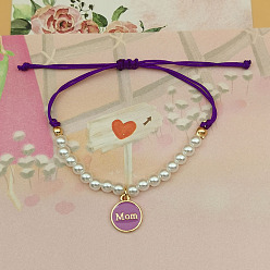 Средняя Орхидея Браслеты с подвесками из эмали и сплава ко Дню матери, Регулируемые пластиковые браслеты из жемчужных бусин, плетеные из бусин, для женщин, Плоский круглый со словом мама, средне орхидеи, 10.63 дюйм (27 см)