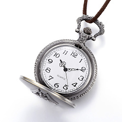 Antique Silver Carved Alloy Flat Round Pendant Necklace Quartz Pocket Watches, with Faux Suede, Antique Silver, 16.1‘’(41cm)