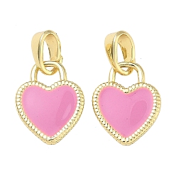 Pink Латунь эмаль подвески, сердце прелести, долговечный, стойки покрытие, без свинца и без кадмия, реальный 18 k позолоченный, розовые, 12.5x10x2 мм, отверстие : 5x2.5 мм