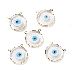 White Handmade Lampwork Pendants, with Golden Plated Brass Findings, Cadmium Free & Lead Free, Flat Round with Evil Eye, White, 21x21x4.5mm, Hole: 1.5mm