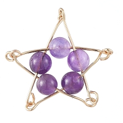 Amethyst Natural Amethyst Pendants, with Golden Plated Iron Eye Pin, Star, 29x29x6.5mm, Hole: 1mm
