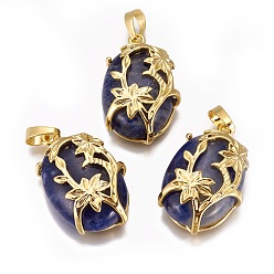 Содалитовое Природные подвески содалитом, с фурнитурой латунной золотого тона, овальные с цветком, 32x20x9 мм, отверстие : 5x8 мм