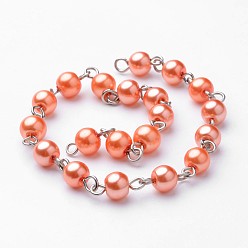 Коралловый Ручной работы из стекла жемчуг цепи, с железным штифтом, несварные, платина, коралл, 6 мм, о 1 м / прядь, 39.3 дюйм / прядь