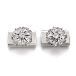 Platinum Brass Micro Pave Clear Cubic Zirconia Slide Charms, Rectangle with Flower, Platinum, 15x11x8mm, Hole: 7x3mm