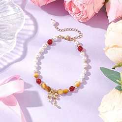 Красный Природного сердолика, браслеты из натурального лазурита и тигрового глаза, с оболочкой шарик перлы, бантом, красные, 8-1/4 дюйм (20.8 см)