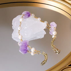 Аметист Браслеты из натуральных аметистов и пресноводного жемчуга для женщин, внутренний диаметр: 8-5/8 дюйм (22 см)