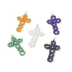 Mixed Color Glass Seed Beaded Big Pendants, with Eco-Friendly Copper Wire, Cross, Religion, Mixed Color, 60x34x4.5mm, Hole: 3.5mm