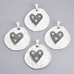 Silver Alloy Rhinestone Big Pendants, with Shell Pearl Beads, Flat Round with Heart, Jet Hematite, Silver Color Plated, 60~62x60~61x5mm, Hole: 14x5.5mm