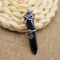 Black Agate Natural Black Agate(Dyed & Heated) Pendant Necklaces, Bullet with Rose Flower, 20.08~31.50 inch(51~80cm)