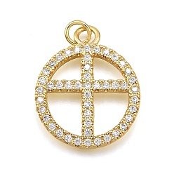 Настоящее золото 18K Стойка металлическая латунная микропрофилированная кубическая циркония подвески, плоские круглые с крестом, с целью перехода в кольце, без кадмия и без свинца, долговечный, реальный 18 k позолоченный, 24x20x2.5 мм, отверстие : 3.5 мм