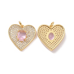 Бледно-Розовый Сердце латунные микро проложить кубического циркония подвески, с прыжковых колец, без кадмия, без никеля и без свинца, реальный 18 k позолоченный, розовый жемчуг, 19.5x19x4 мм, отверстие : 3 мм