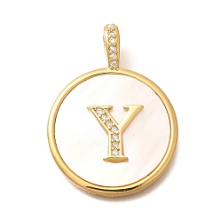 Letter Y Подвески из латуни с микропаве, прозрачные кубические цирконии с ракушкой, подвески в виде букв, долговечный, без свинца и без кадмия, Письмо Y, 32x24x3.5 мм, отверстие : 6x3 мм