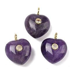Аметист Подвески из натурального аметиста , подвески в форме сердца с латунной микропаве из прозрачных кубических цирконий, золотые, 25.5~26.5x20.5x12~13 мм, отверстие : 4.5 мм
