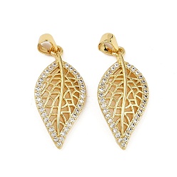 Настоящее золото 18K Латунные микро проложить кубического циркония подвески, лист прелести, без кадмия и без свинца, стойки покрытие, долговечный, реальный 18 k позолоченный, 27x13x4 мм, отверстие : 4.5x3.5 мм