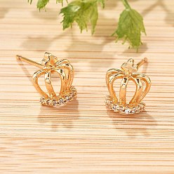 Золотой Серьги-гвоздики с короной из латуни с микропаве из прозрачных кубических цирконий для женщин, без кадмия и без свинца, долговечный, стойки покрытие, золотые, 9x8.5 мм