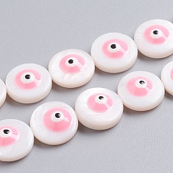 Pink Природные стеклянные бусы нити, с эмалью, плоские круглые с сглаза, розовые, 12x4 мм, отверстие : 0.7 мм, около 34 шт / нитка, 15.55 дюйм (39.5 см)