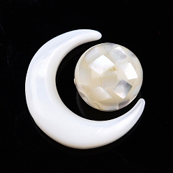 White Shell Natural Freshwater Shell Beads, with Natural White Shell Beads, Moon with Round, Moon: 15x12.5x3.5mm, Round: 8mm, Hole: 0.8mm, about 2pcs/set
