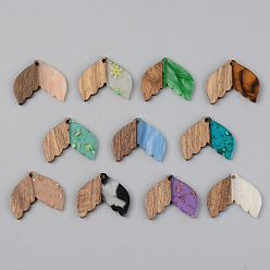 Mixed Color Resin & Walnut Wood Pendants, Fishtail Shape, Mixed Color, 23x28x3mm, Hole: 2mm