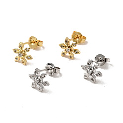 Mixed Color Rack Plating Brass Micro Pave Clear Cubic Zirconia Snowflake Ear Studs, Long-Lasting Plated, Cadmium Free & Lead Free, Mixed Color, 8.5x7.5mm, Pin: 0.7mm