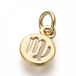 Дева Латунь прелести, без свинца и без кадмия, плоский круглый с созвездиями, золотые, Дева, 9.5x7x1 мм, отверстие : 3 мм
