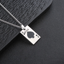 Black 304 Stainless Steel Enamel Bicycle Ace of Spades Playing Card Pendant Necklaces for Men, Stainless Steel Color, Black, 27.56 inch(70cm)