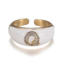Letter Q Brass Micro Pave Clear Cubic Zirconia Cuff Rings, Open Rings, with Enamel, Cadmium Free & Lead Free, Golden, Letter.Q, US Size 7 1/4, Inner Diameter: 17.6mm