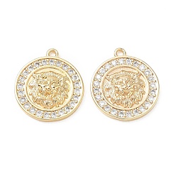 Chapado en Oro Real 18K Latón micro pavimenta claro colgantes de circonio cúbico, Plano redondo con dijes de león, real 18 k chapado en oro, 18x16x3 mm, agujero: 1.2 mm