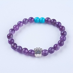 Amethyst Natural Gemstone and Amethyst Stretch Bracelets, with Alloy Findings, Dog Footprints, Antique Silver, 2 inch(50mm)