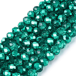 Средний Морско-зеленый Прозрачные стеклянные бусины гальваническим пряди, рондель, со серебряным покрытием, с половиным покрытием, окрашенная и подогревом, граненые, средний морской зеленый, 4~4.5x3.5~4 мм, отверстие : 0.8~0.9 мм, около 111~115 шт / нитка, 15.75~16.34 дюйм (40~41.5 см)
