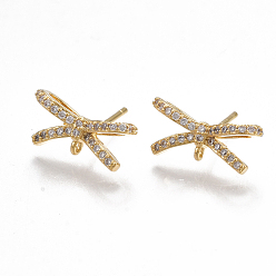 Real 18K Gold Plated Brass Stud Earring Findings, with Loop, Cubic Zirconia, Nickel Free, Real 18K Gold Plated, Bowknot, Clear, 7x15mm, Hole: 0.8mm, Pin: 0.8mm
