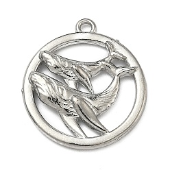 Плоский Круглый 304 подвески из нержавеющей стали, цвет нержавеющей стали, плоские круглые с дельфином, 25x22x3 мм, отверстие : 1.6 мм