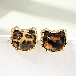 Настоящее золото 18K Латунь серьги, Голова кошки с леопардовым принтом, cmолой, стойки покрытие, долговечный, без кадмия и без свинца, реальный 18 k позолоченный, 11x12.5 мм