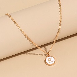 Letter K Сплав белого эмалевого диска с инициалами подвески ожерелья для женщин, золотые, Письмо K, 17.72 дюйм (45 см)