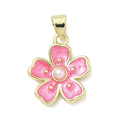 Бледно-фиолетовый Красный Латунь эмаль подвески, , с пластмассовой жемчужиной abs, долговечный, стойки покрытие, без свинца и без кадмия, реальный 18 k позолоченный, бледно-фиолетовый красный, 17x15x3.5 мм, отверстие : 5x3 мм