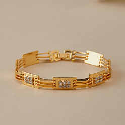 Rectangle Brass Pave Clear Cubic Zirconia Link Chain Bracelets for Women, Real 18K Gold Plated, Rectangle, 6.81 inch(17.3cm)