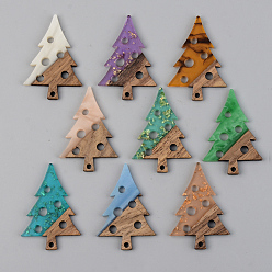 Mixed Color Resin & Walnut Wood Pendants, Christmas Tree with Round, Mixed Color, 40x28x3mm, Hole: 2mm
