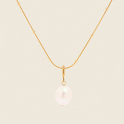 Настоящее золото 18K Минималистичный кулон в форме картофеля из натурального пресноводного жемчуга 304 Женские ожерелья-змейки из нержавеющей стали, цветочный белый, реальный 18 k позолоченный, 15.75 дюйм (40 см)