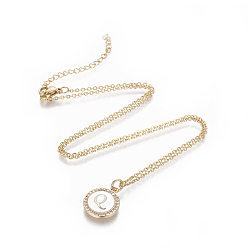 Letter Q Brass Initial Pendant Necklaces, with Shell, Cubic Zirconia and 304 Stainless Steel Cable Chains, Flat Round with Letter, Letter.Q, 17.5 inch(44.5cm), 1.5mm